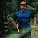 Man jogging outdoors in a forest wearing a fitness tracker, with overlay showing body composition progress including total weight, muscle mass increase, and fat mass reduction.